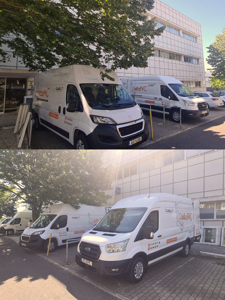 Carrinhas da CaixilhoPVC estacionadas no Centro de Incubação e Desenvolvimento para obra de instalação de janelas PVC.