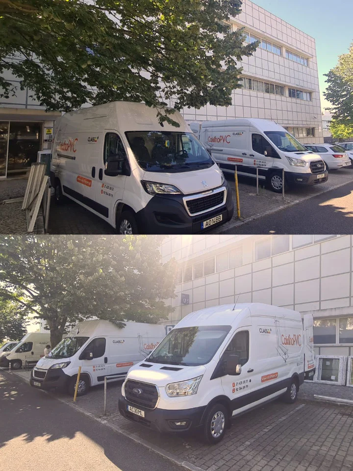 Carrinhas da CaixilhoPVC estacionadas no Centro de Incubação e Desenvolvimento para obra de instalação de janelas PVC.