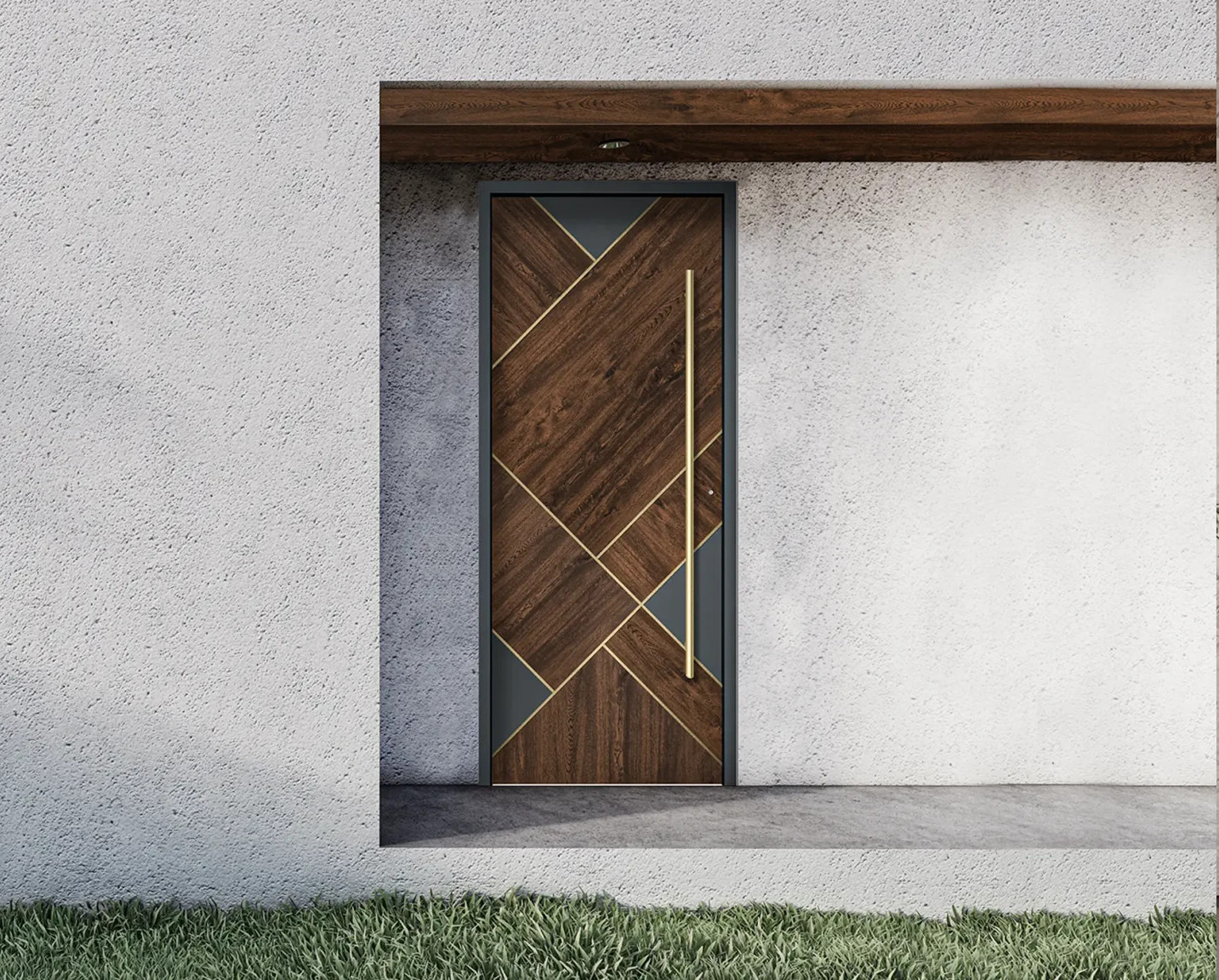 Porta exterior PVC moderna em madeira escura com detalhes metálicos