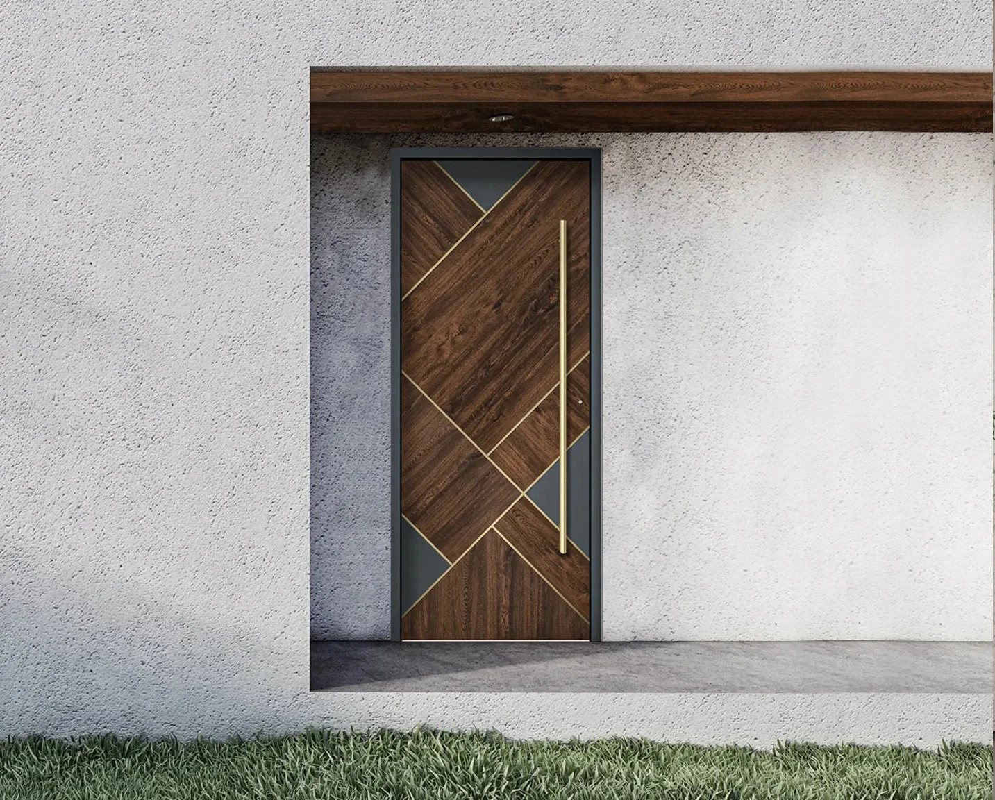 Porta exterior PVC moderna em madeira escura com detalhes metálicos