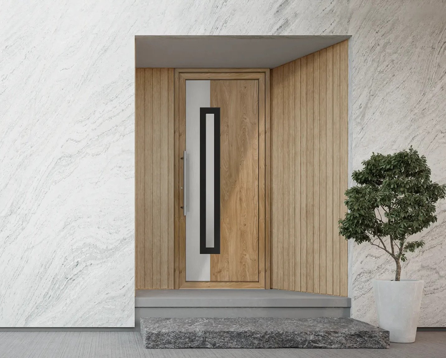 Porta exterior PVC em imitação madeira clara com linhas retas