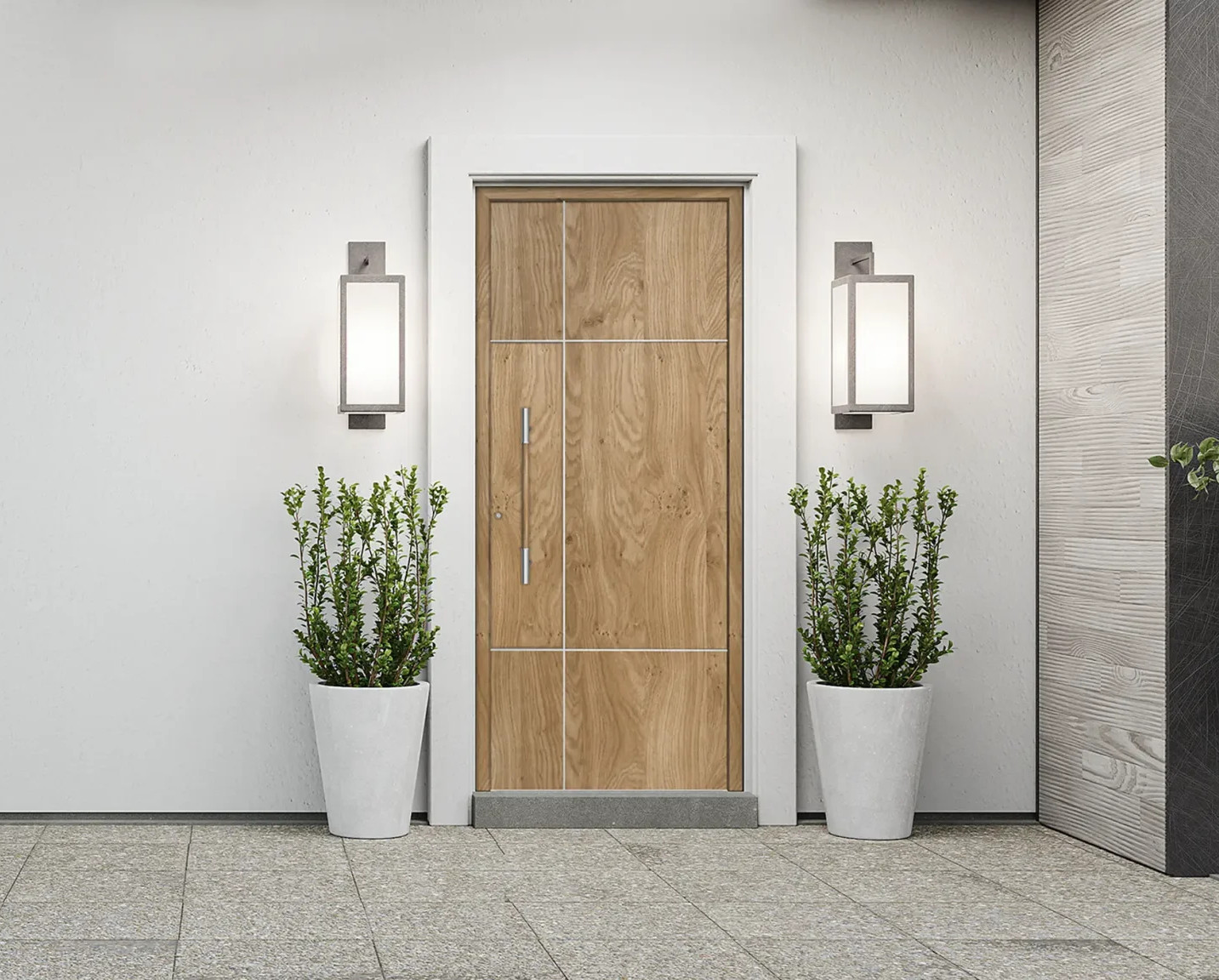Porta exterior PVC moderna em madeira clara com detalhe preto vertical