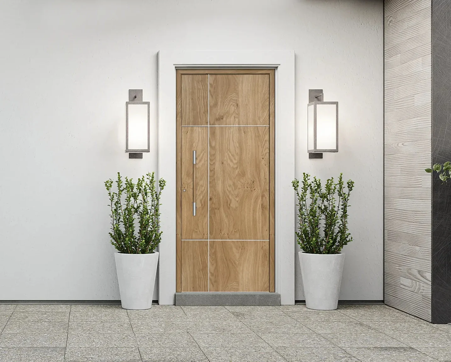 Porta exterior PVC moderna em madeira clara com detalhe preto vertical