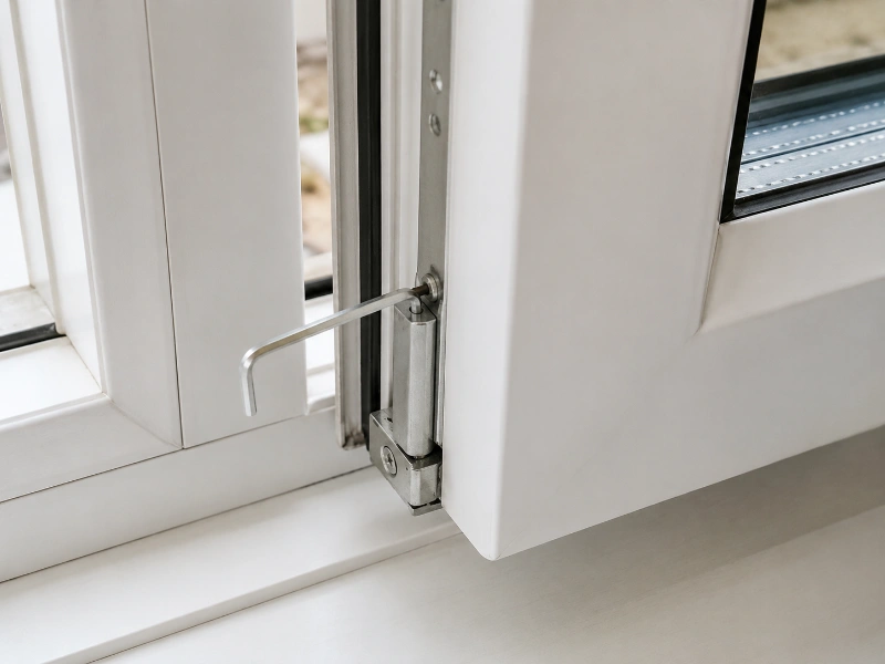 Ponto de afinação vertical na dobradiça inferior de uma janela oscilobatente em PVC.