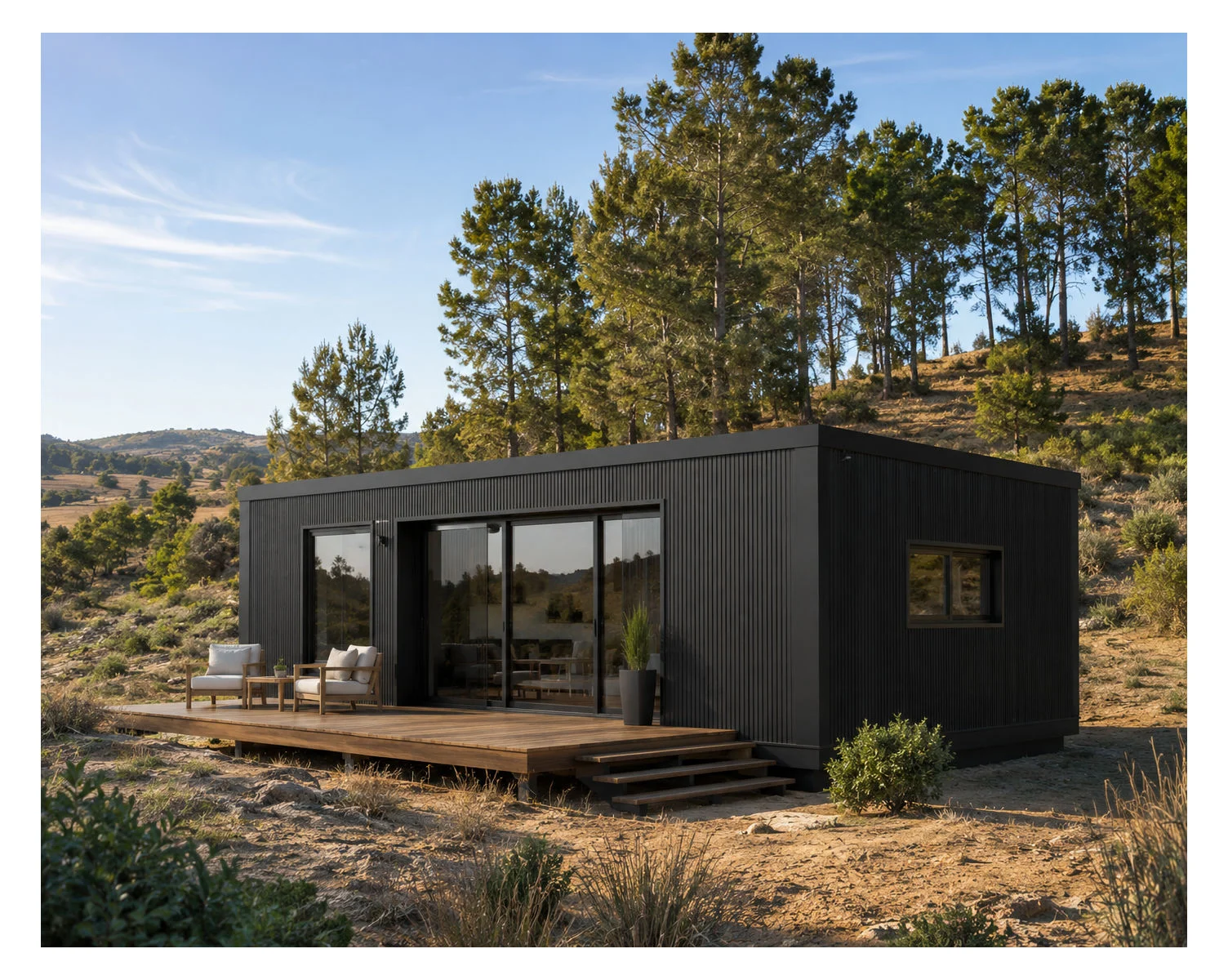 Casa modular instalada em terreno natural em Portugal, com janelas PVC para contentores e casas modulares, fachada escura e deck em madeira
