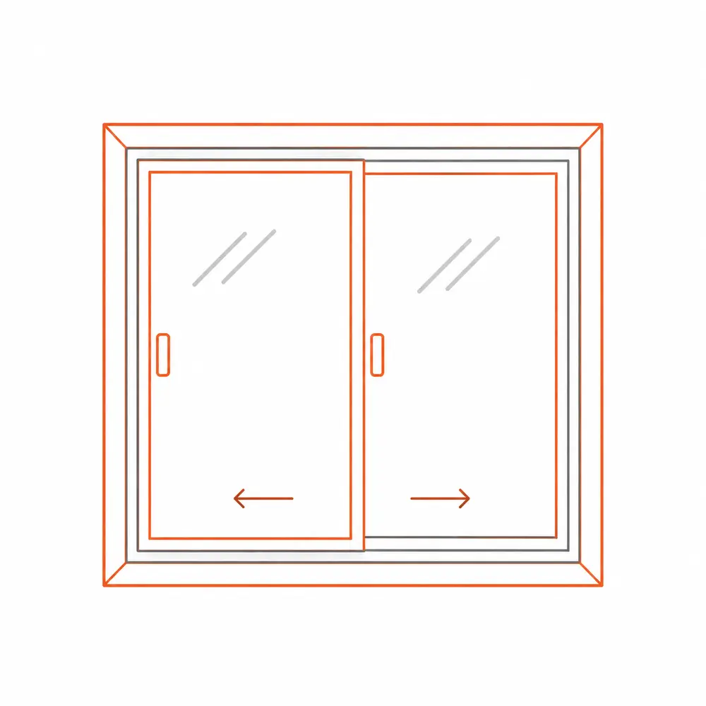 Ilustração de janela de correr em PVC com duas folhas e movimento horizontal