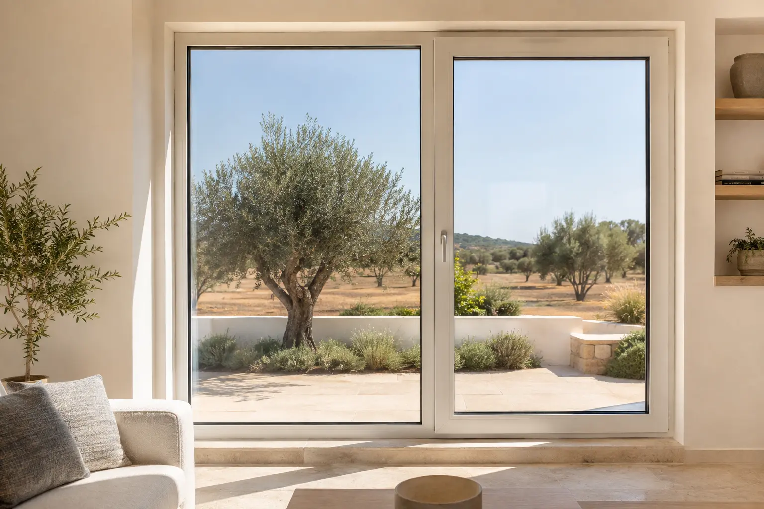 Janela PVC com vidro duplo de controlo solar numa casa no Algarve