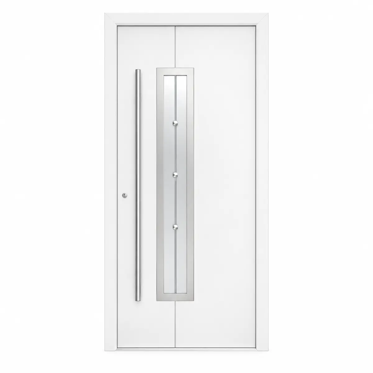 Porta de entrada PVC por medida com painel Atlas branco, vidro vertical decorativo e puxador inox