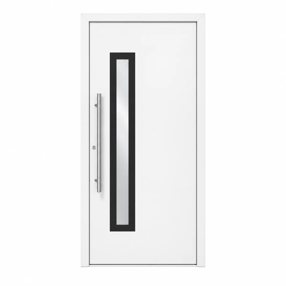 Porta de entrada PVC por medida com painel Jupiter branco, vidro vertical e puxador inox