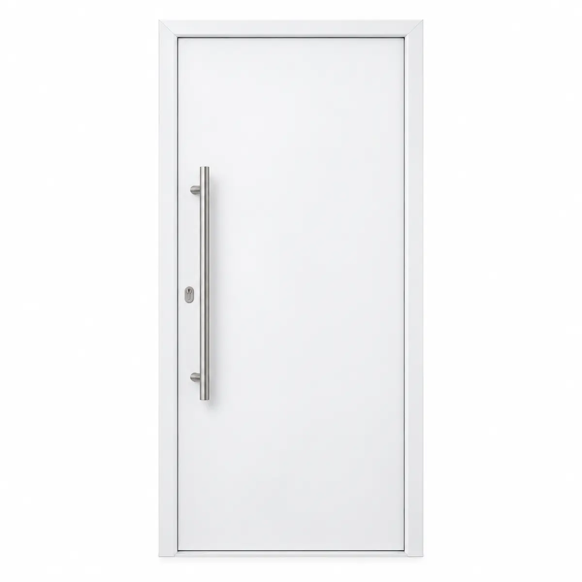 Porta de entrada PVC por medida com painel liso branco e puxador vertical em aço inox