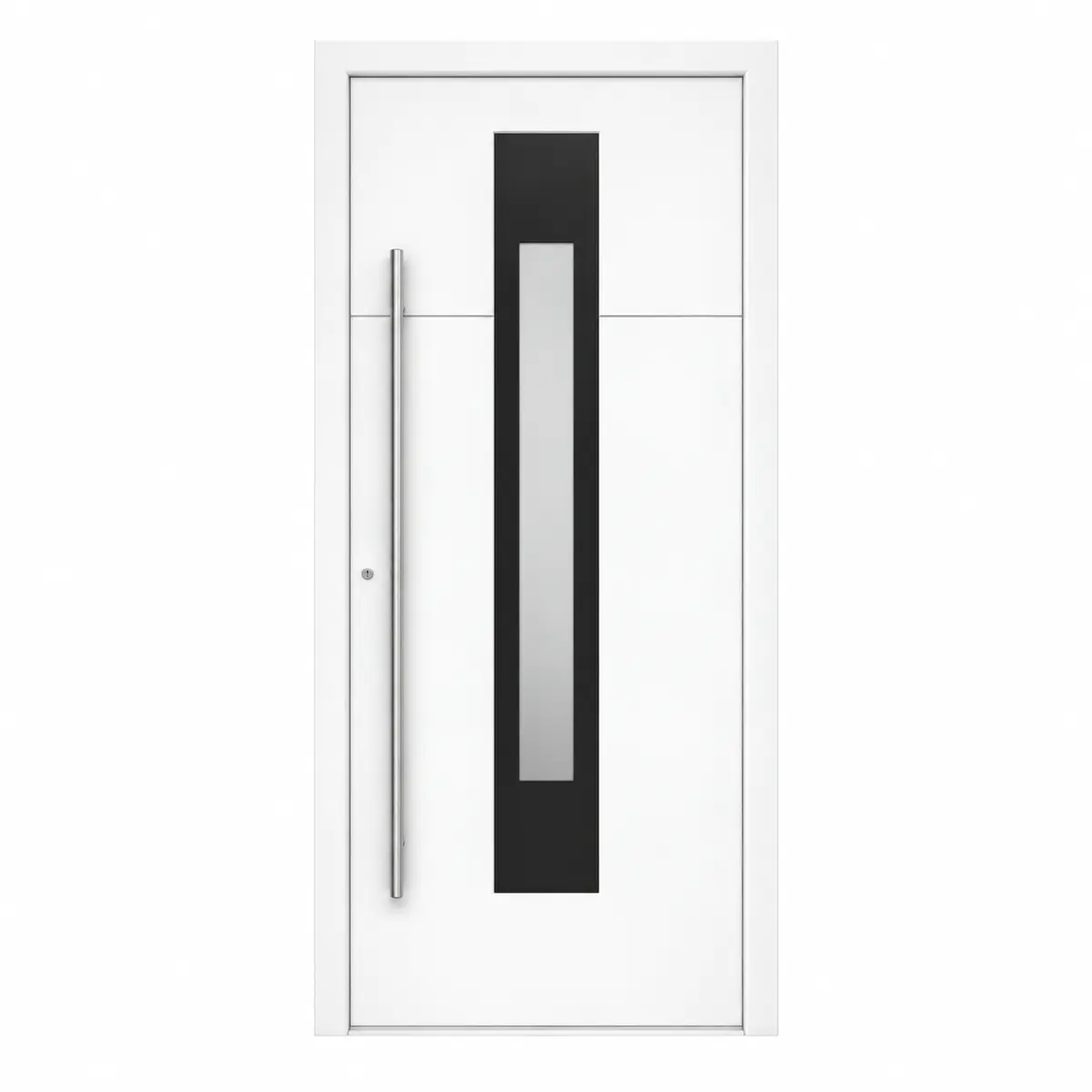 Porta de entrada PVC por medida com painel Neptuno branco, vidro vertical e puxador inox