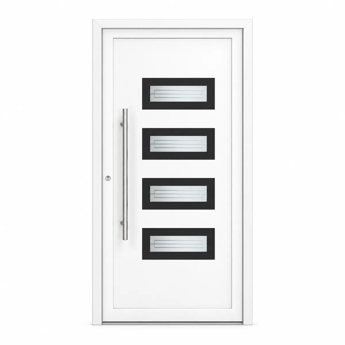 Porta de entrada PVC por medida com painel Pluton branco, quatro vidros horizontais e puxador inox